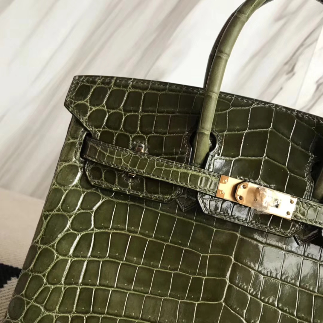 Luxury Hermes 6H Olive Green Crocodile Shiny Leather Birkin25CM Bag Gold Hardware