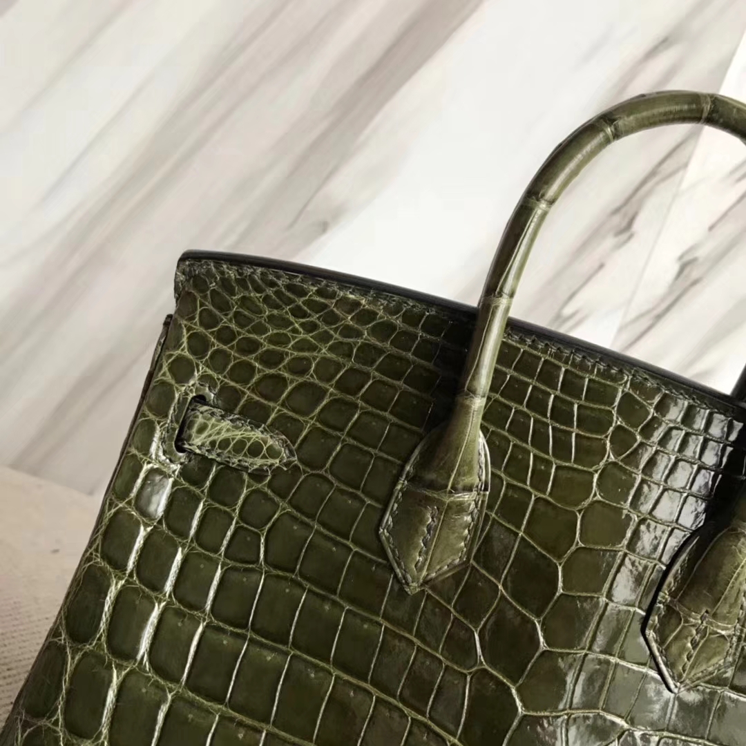Luxury Hermes 6H Olive Green Crocodile Shiny Leather Birkin25CM Bag Gold Hardware