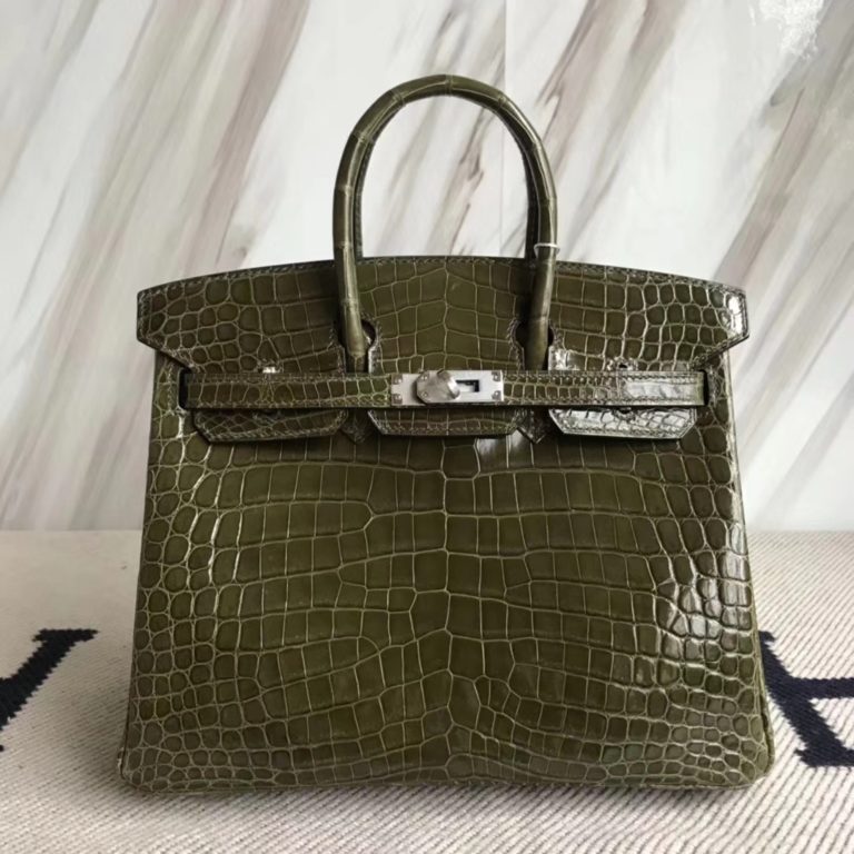 Hermes Crocodile Shiny Leather Birkin 25CM Bag in 6H Olive Green Silver Hardware
