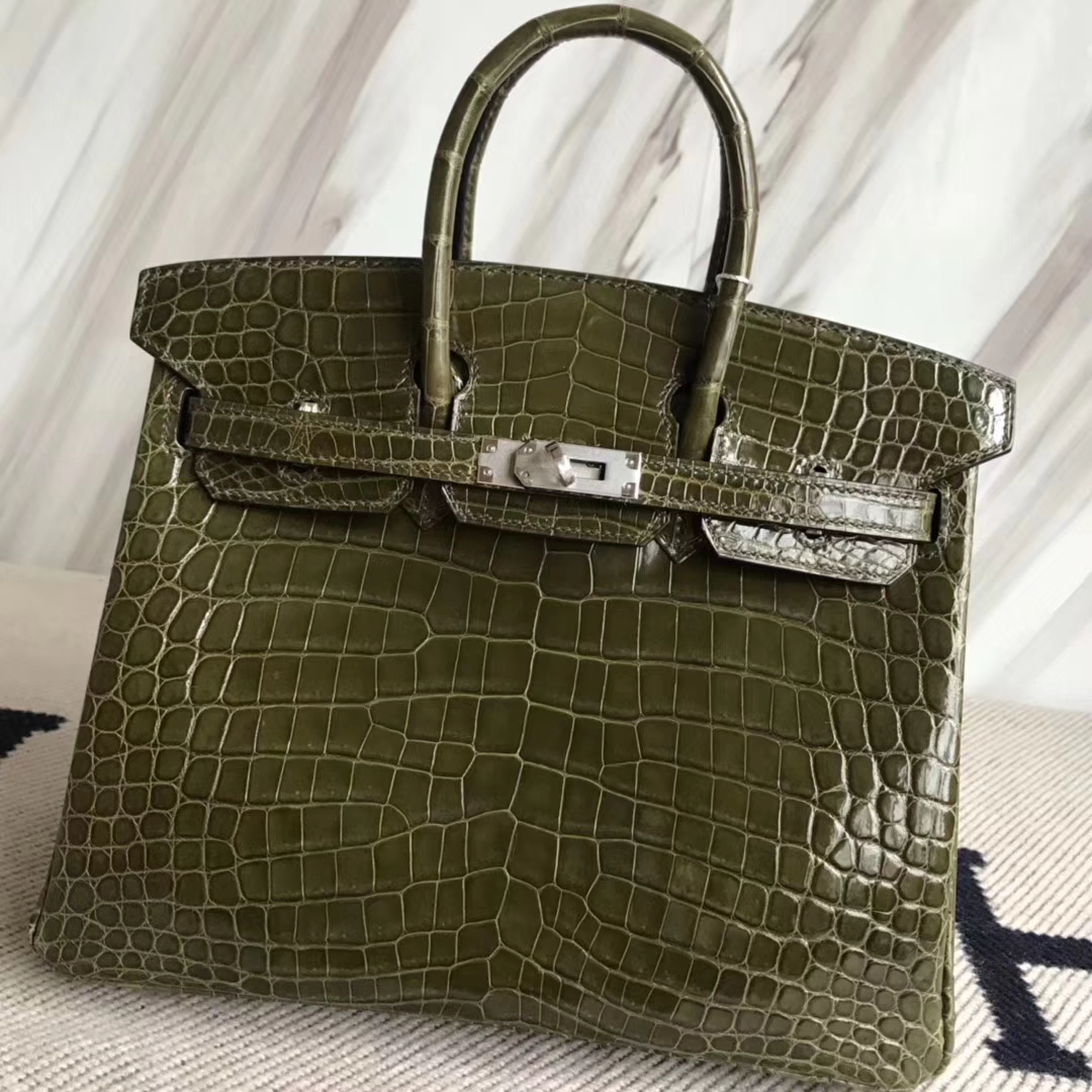 Elegant Hermes Crocodile Shiny Leather Birkin25CM Bag in 6H Olive Green Silver Hardware