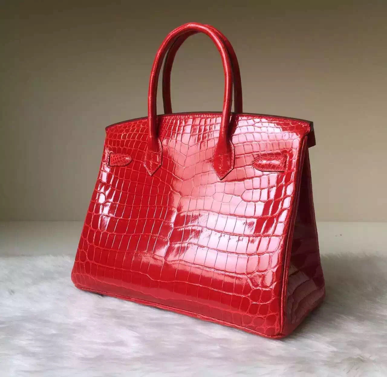 Hermes Crocodile Shiny Leather Birkin30cm in CK95 Ferrari Red
