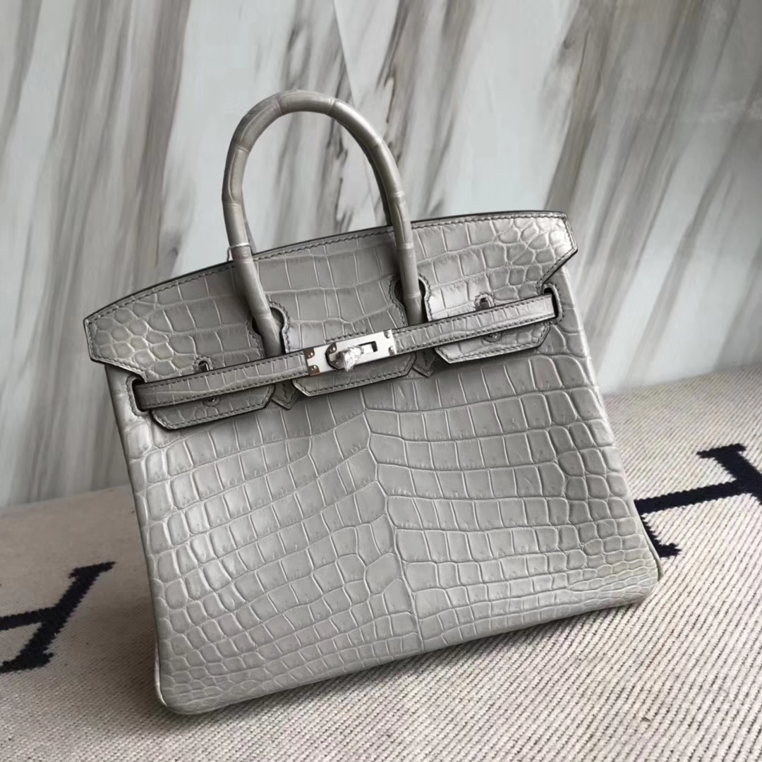 Noble Hermes Crocodile Matt Leather Birkin25CM Tote Bag in M8 Gris Ashpite