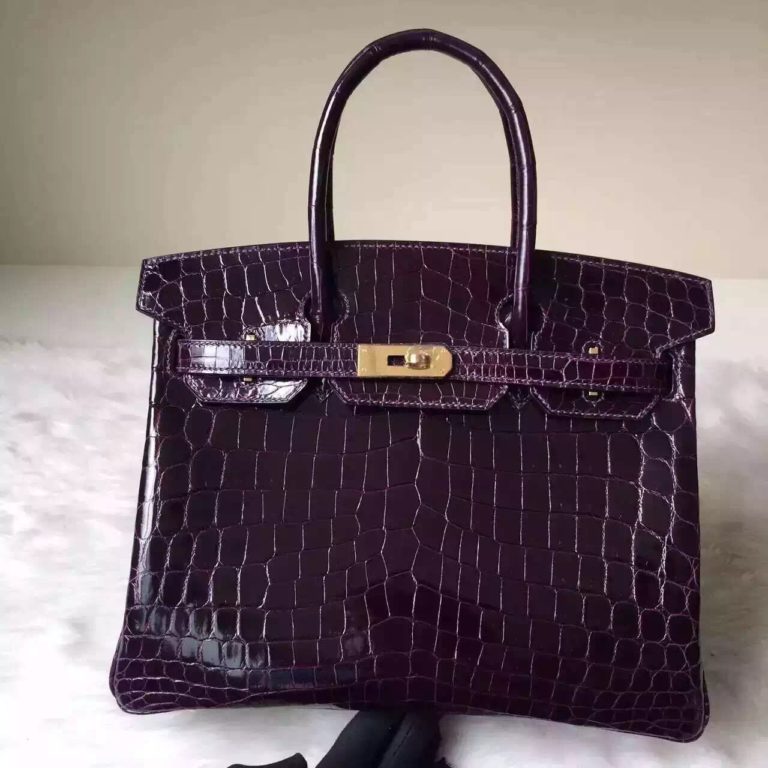 Hand Stitching Hermes Birkin  30cm Bag in 9G Violet Shiny Crocodile Leather