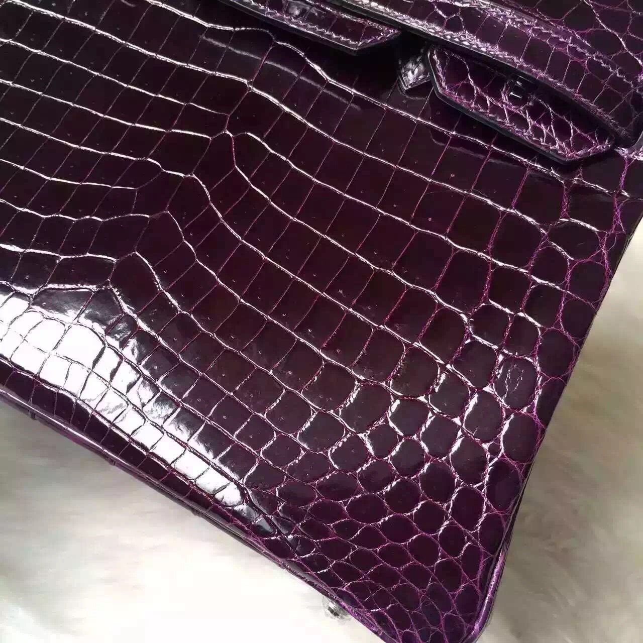 Hand Stitching Hermes Birkin 30cm Bag in 9G Violet Shiny Crocodile Leather