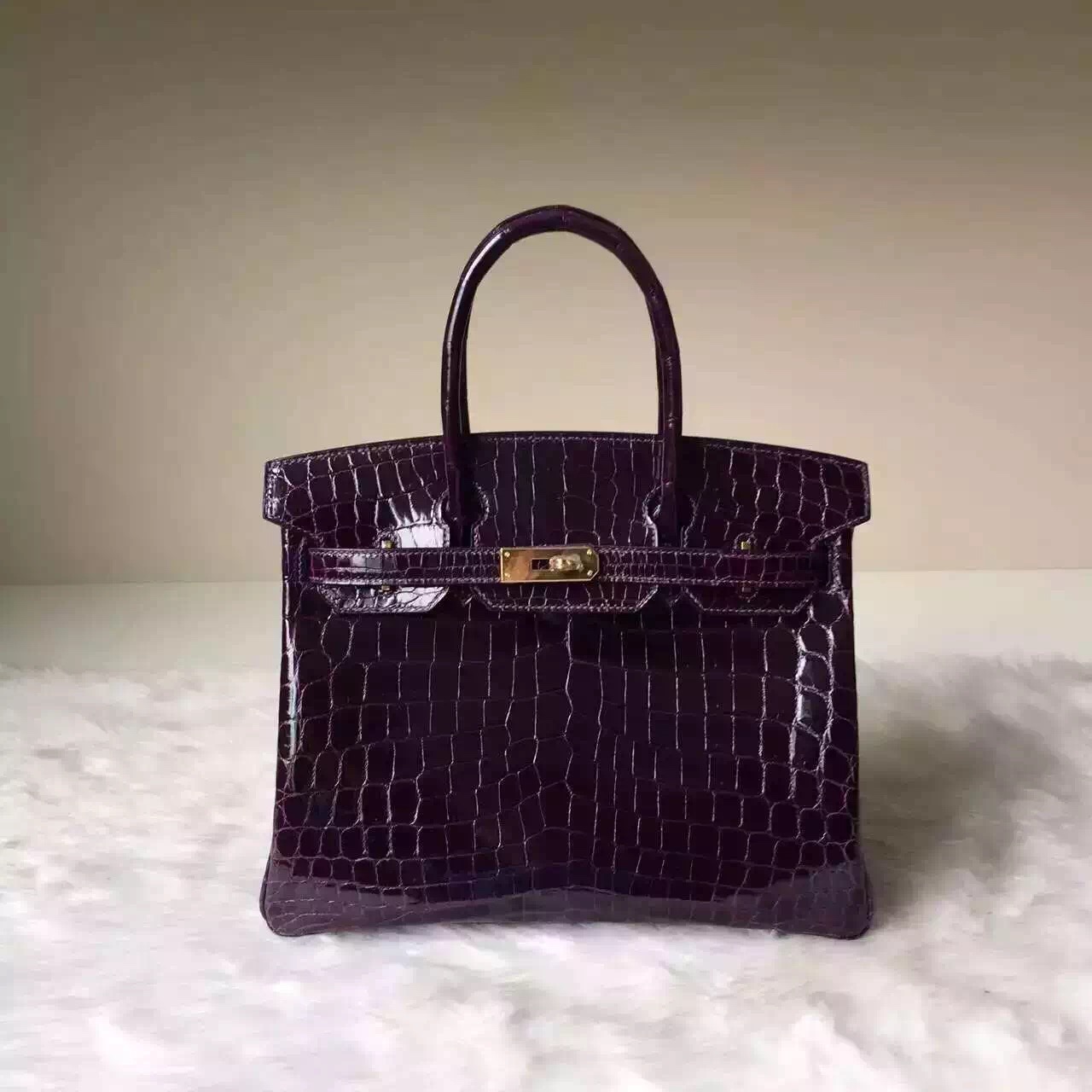 Hand Stitching Hermes Birkin 30cm Bag in 9G Violet Shiny Crocodile Leather
