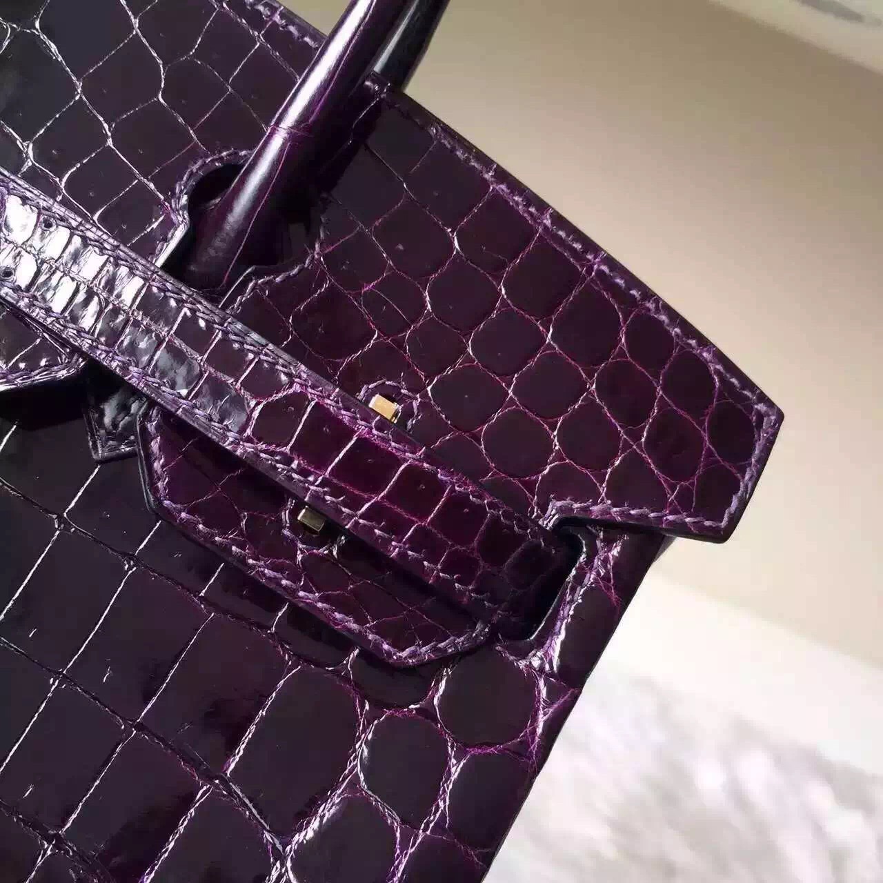 Hand Stitching Hermes Birkin 30cm Bag in 9G Violet Shiny Crocodile Leather