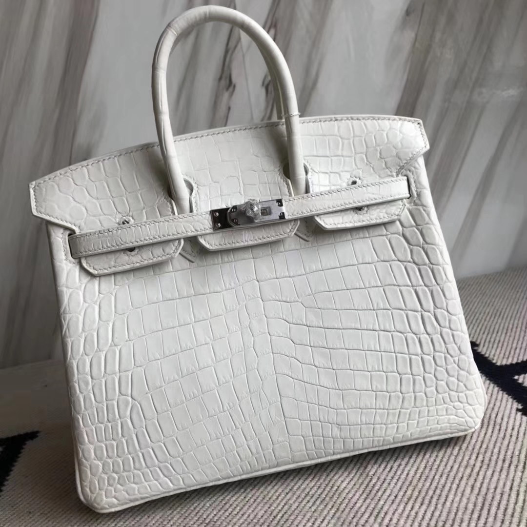 New Arrival Hermes 01 Pure White Crocodile Matt Leather Birkin Bag25CM Silver Hardware