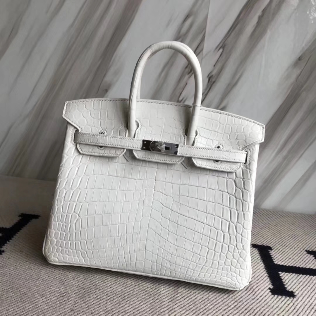 New Arrival Hermes 01 Pure White Crocodile Matt Leather Birkin Bag25CM Silver Hardware