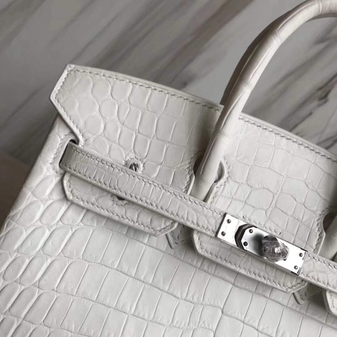 New Arrival Hermes 01 Pure White Crocodile Matt Leather Birkin Bag25CM Silver Hardware