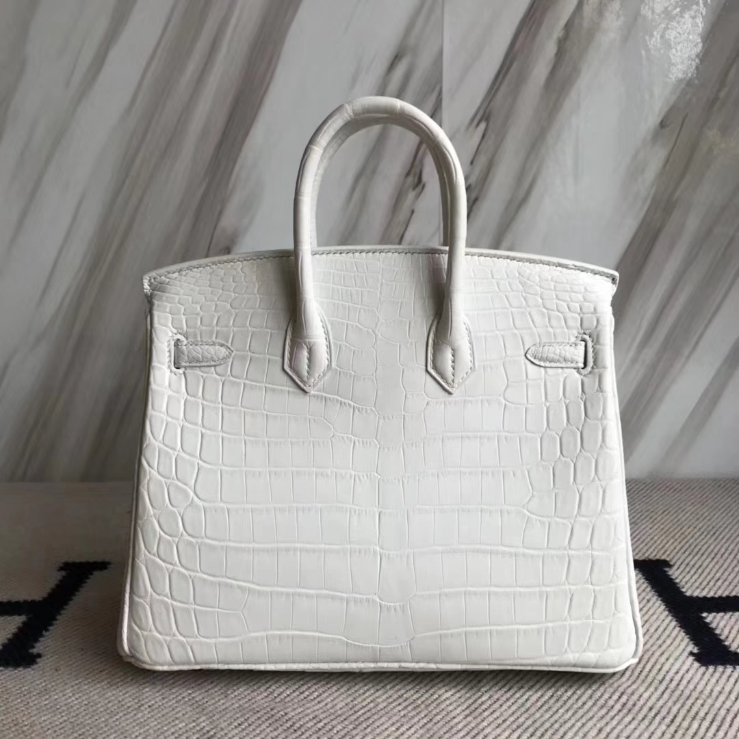 New Arrival Hermes 01 Pure White Crocodile Matt Leather Birkin Bag25CM Silver Hardware