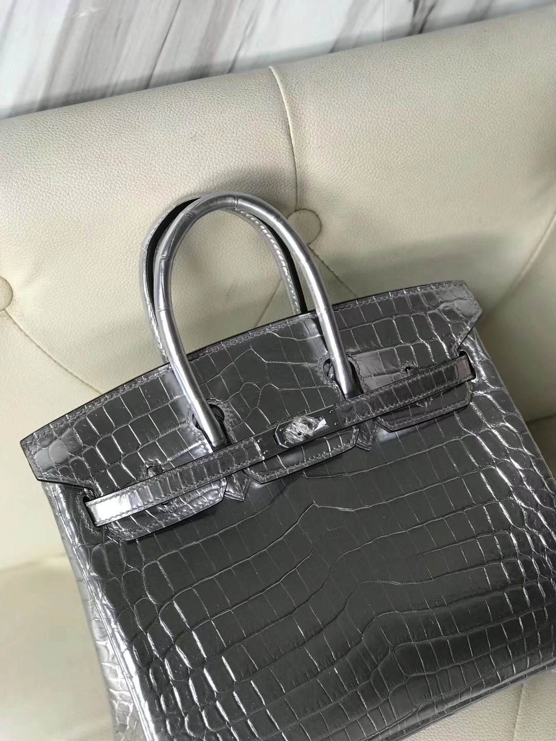 Luxury Hermes Silver Crocodile Shiny Leather Birkin25CM Tote Bag Silver Hardware