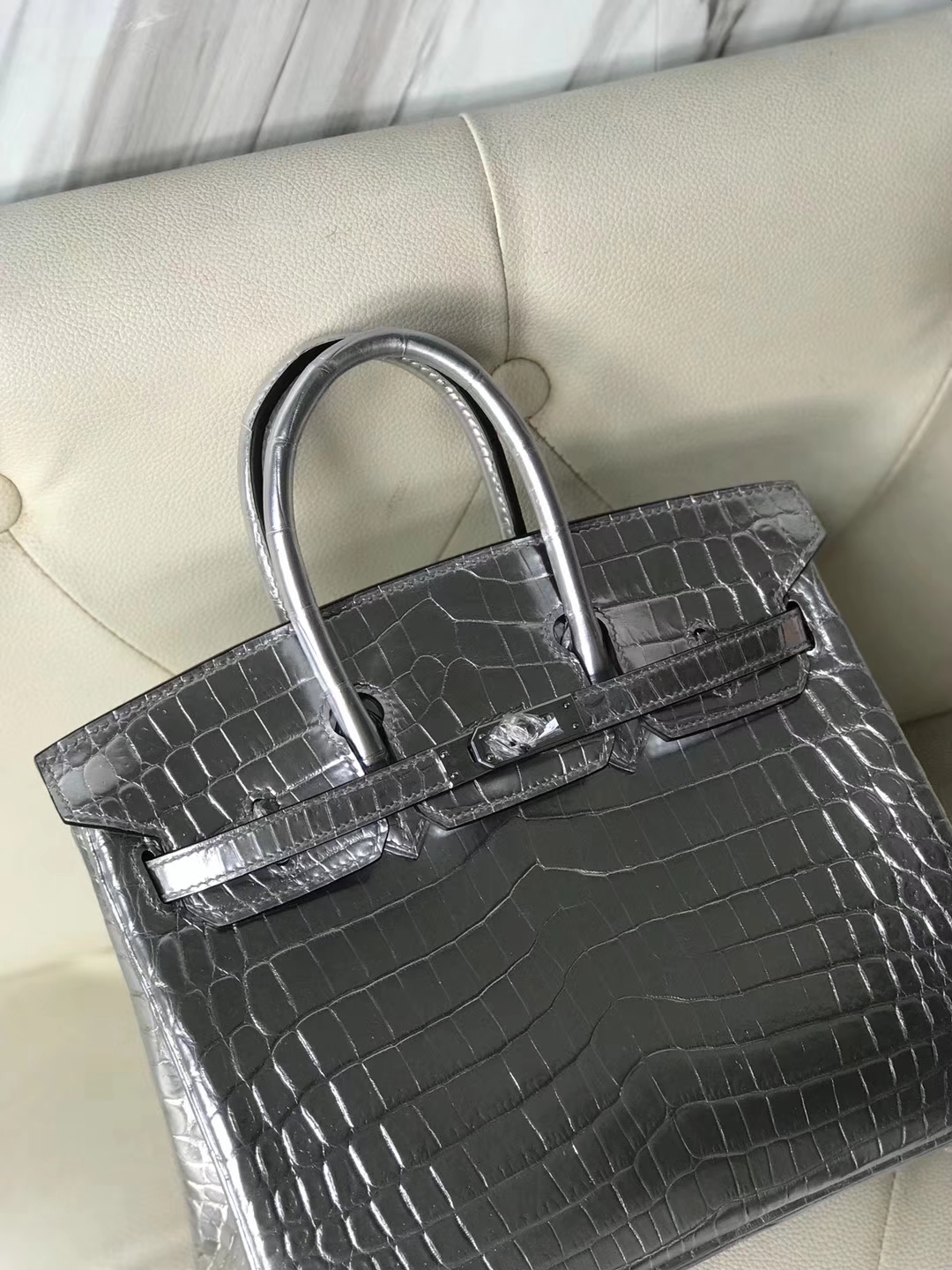 Luxury Hermes Silver Crocodile Shiny Leather Birkin25CM Tote Bag Silver Hardware