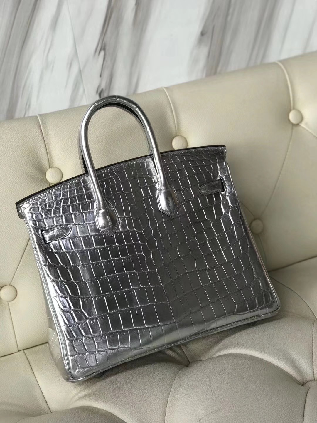 Luxury Hermes Silver Crocodile Shiny Leather Birkin25CM Tote Bag Silver Hardware