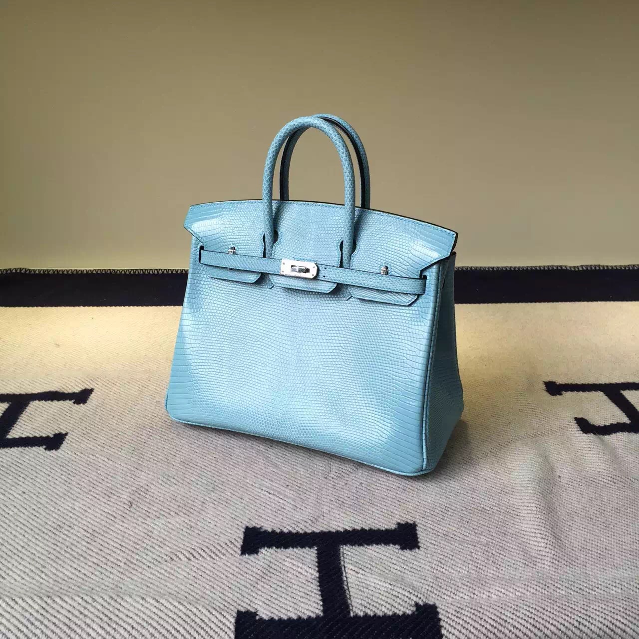 New Hermes Birkin Bag 7G Ciel Color Shiny Lizard Leather Birkin30cm