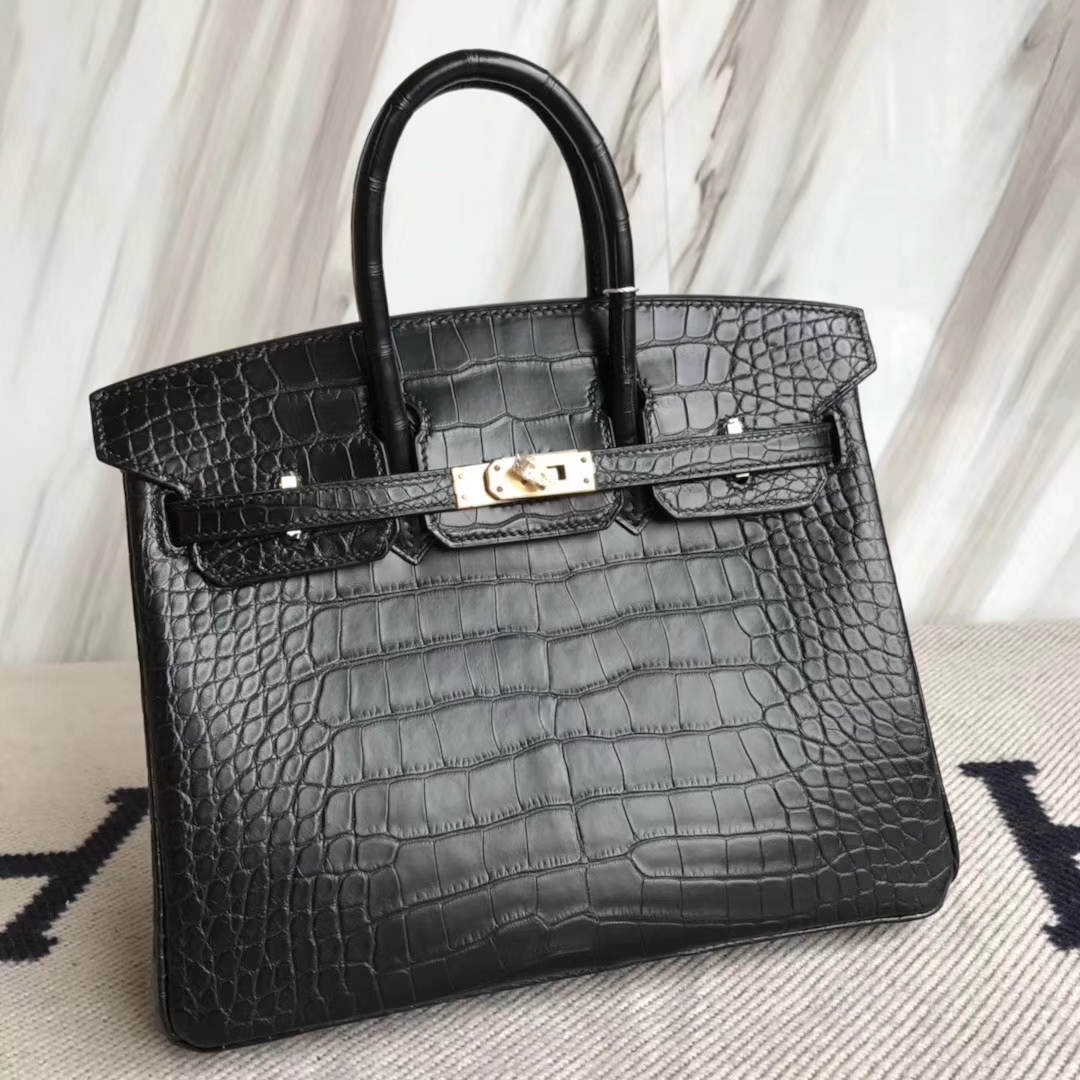 Fashion Hermes Matt Crocodile Leather Birkin25CM Tote Bag in CK89 Black Gold Hardware