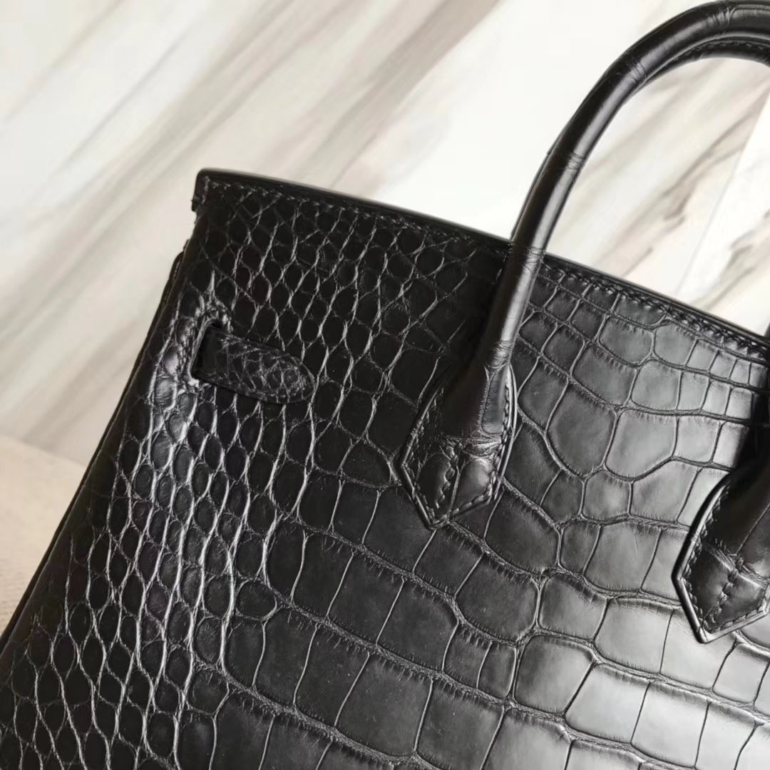Fashion Hermes Matt Crocodile Leather Birkin25CM Tote Bag in CK89 Black Gold Hardware