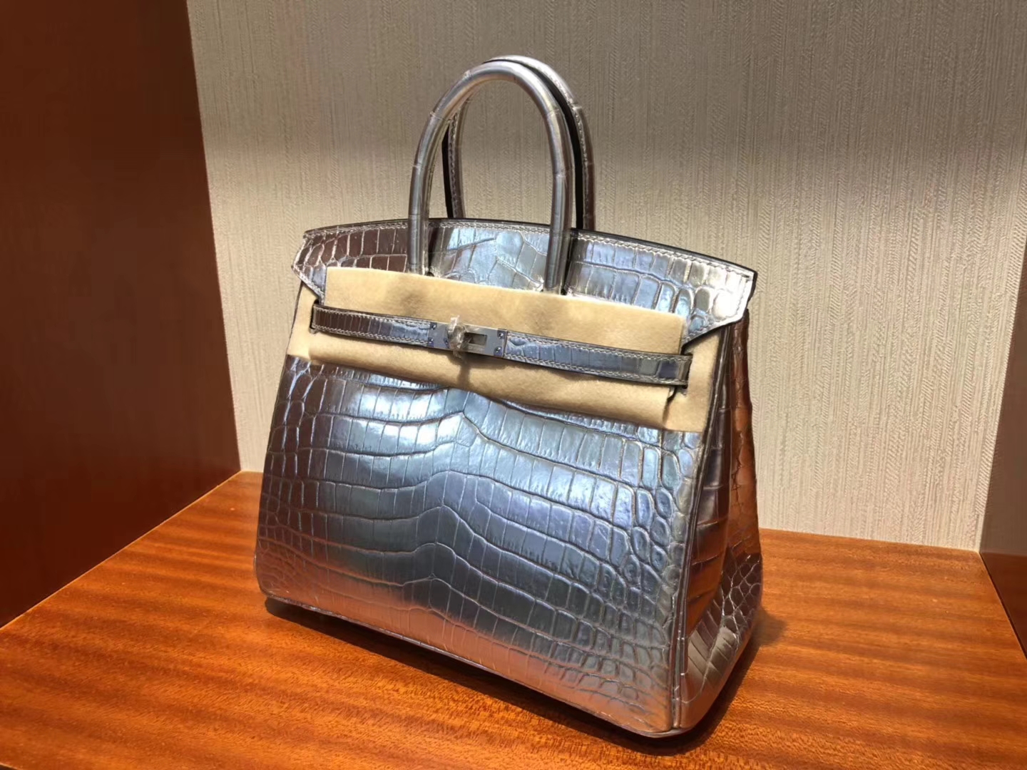 Fashion Hermes Silver Shiny Crocodile Leather Birkin25CM Bag Silver Hardware