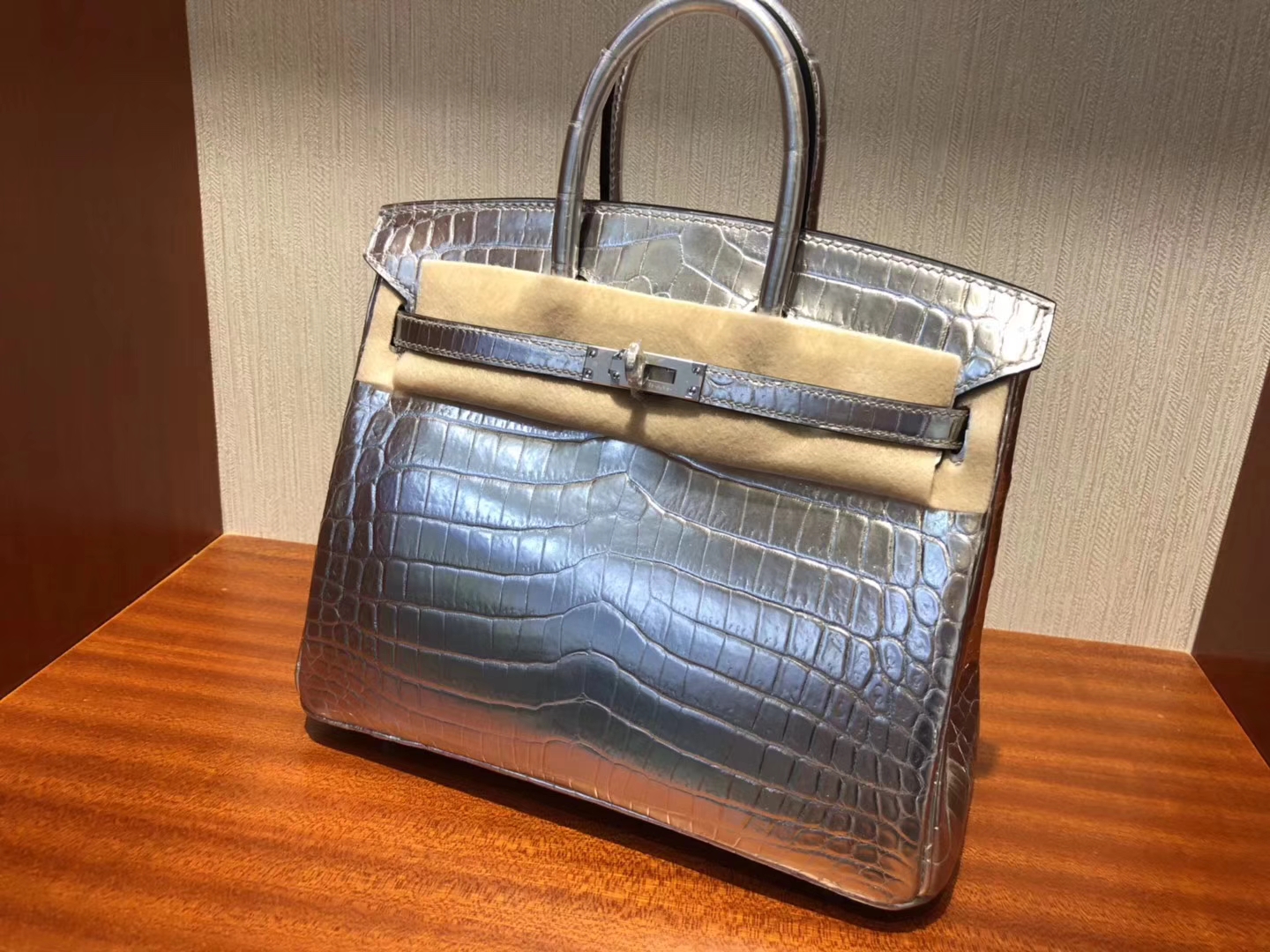 Fashion Hermes Silver Shiny Crocodile Leather Birkin25CM Bag Silver Hardware
