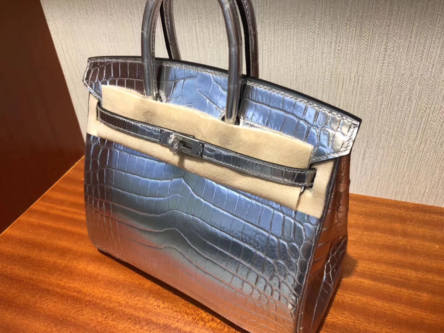 Fashion Hermes Silver Shiny Crocodile Leather Birkin25CM Bag Silver Hardware