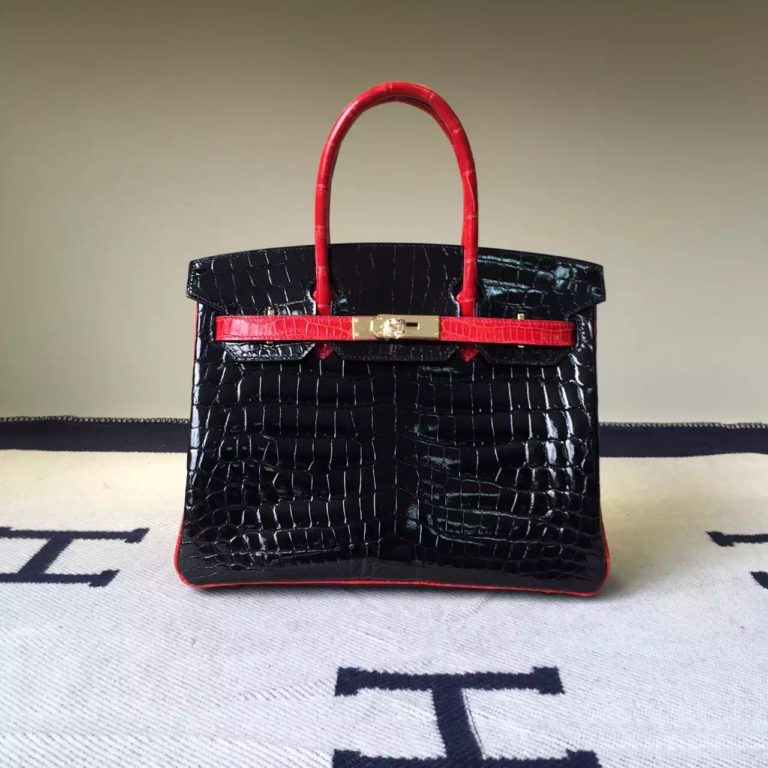 Womens Bag Hermes CK89 Black/CK95 Braise Crocodile Leather Birkin 30cm