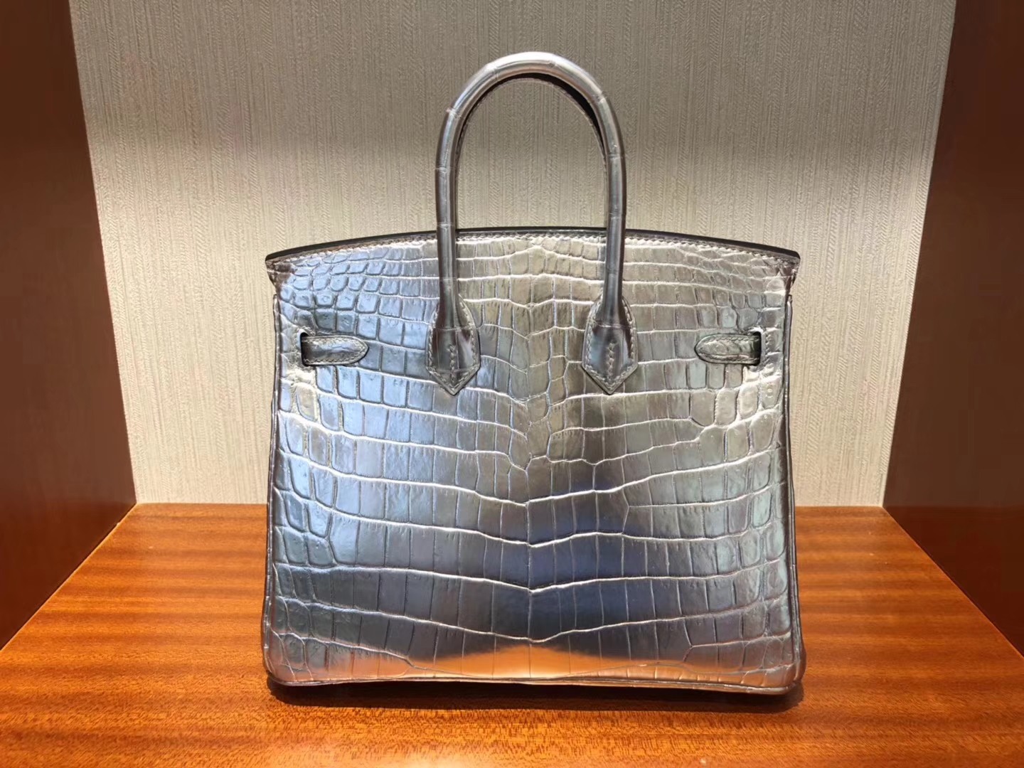 Fashion Hermes Silver Shiny Crocodile Leather Birkin25CM Bag Silver Hardware