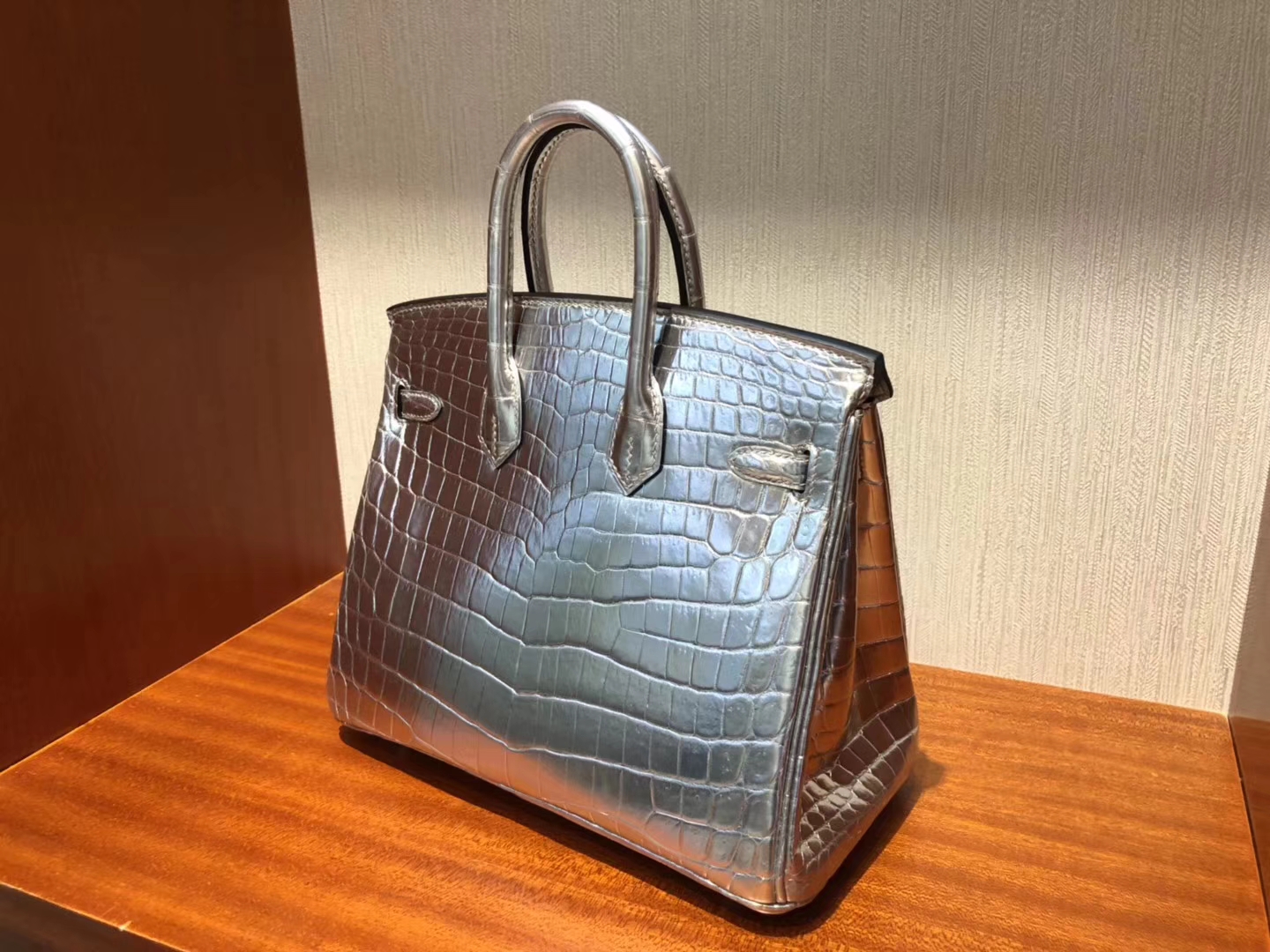 Fashion Hermes Silver Shiny Crocodile Leather Birkin25CM Bag Silver Hardware