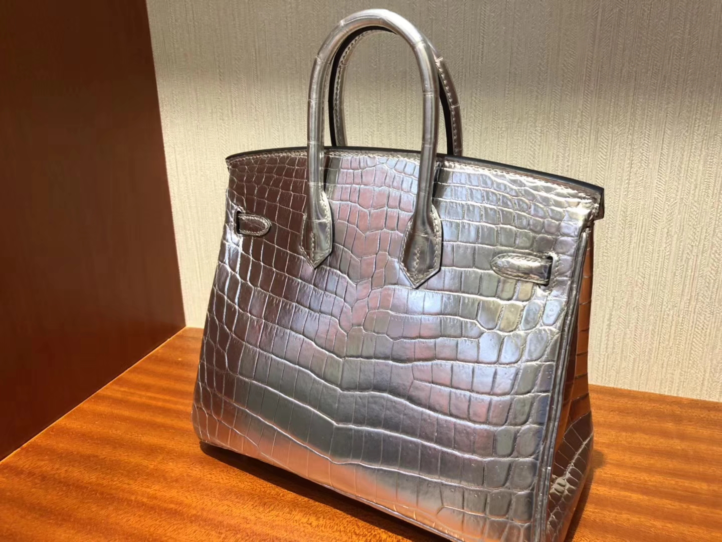 Fashion Hermes Silver Shiny Crocodile Leather Birkin25CM Bag Silver Hardware