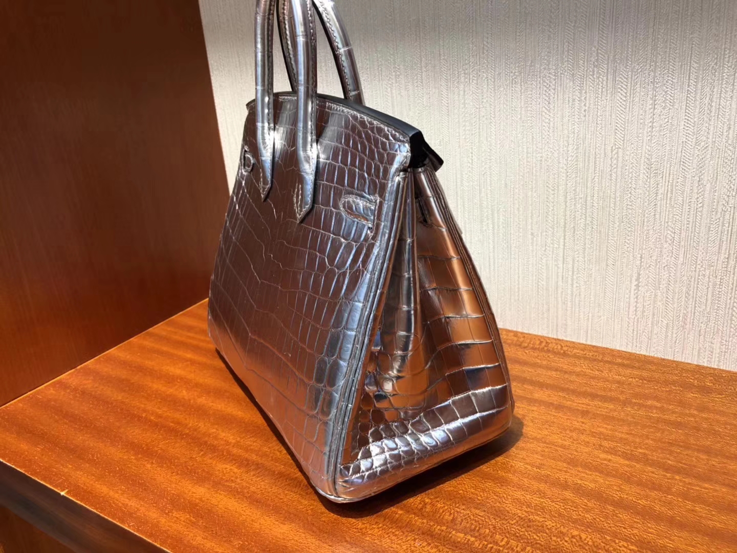 Fashion Hermes Silver Shiny Crocodile Leather Birkin25CM Bag Silver Hardware