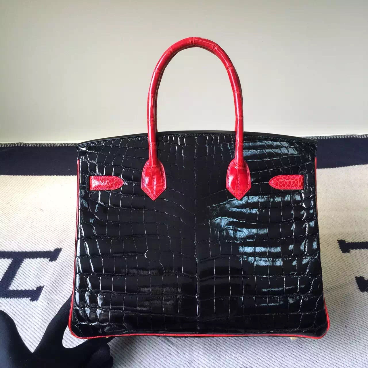 Noble Women&#8217;s Bag Hermes CK89 Black/CK95 Braise Crocodile Leather Birkin30cm