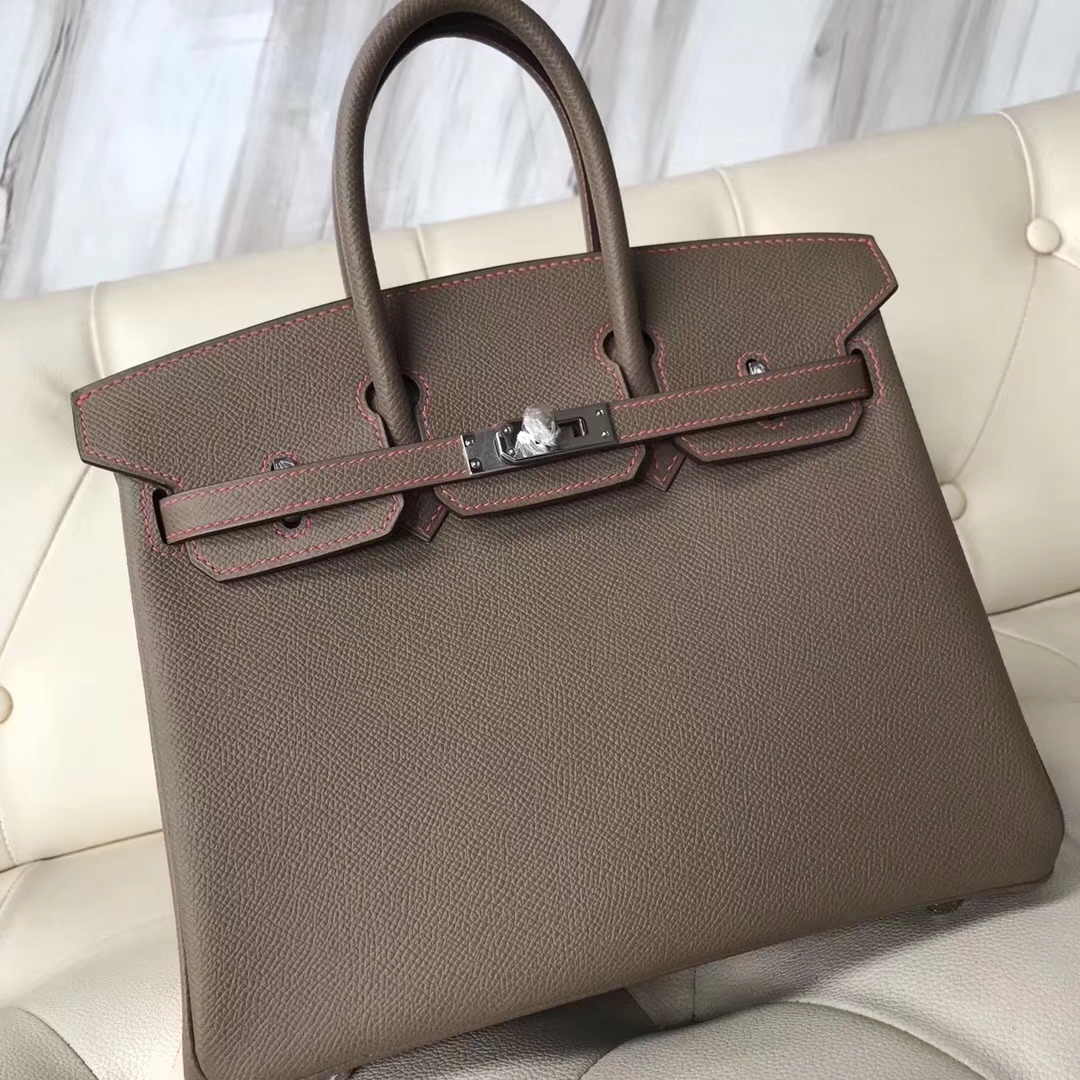 New Hermes CK18 Etoupe Grey Epsom Calf Birkin25CM Bag Rose Lipstick Stitches