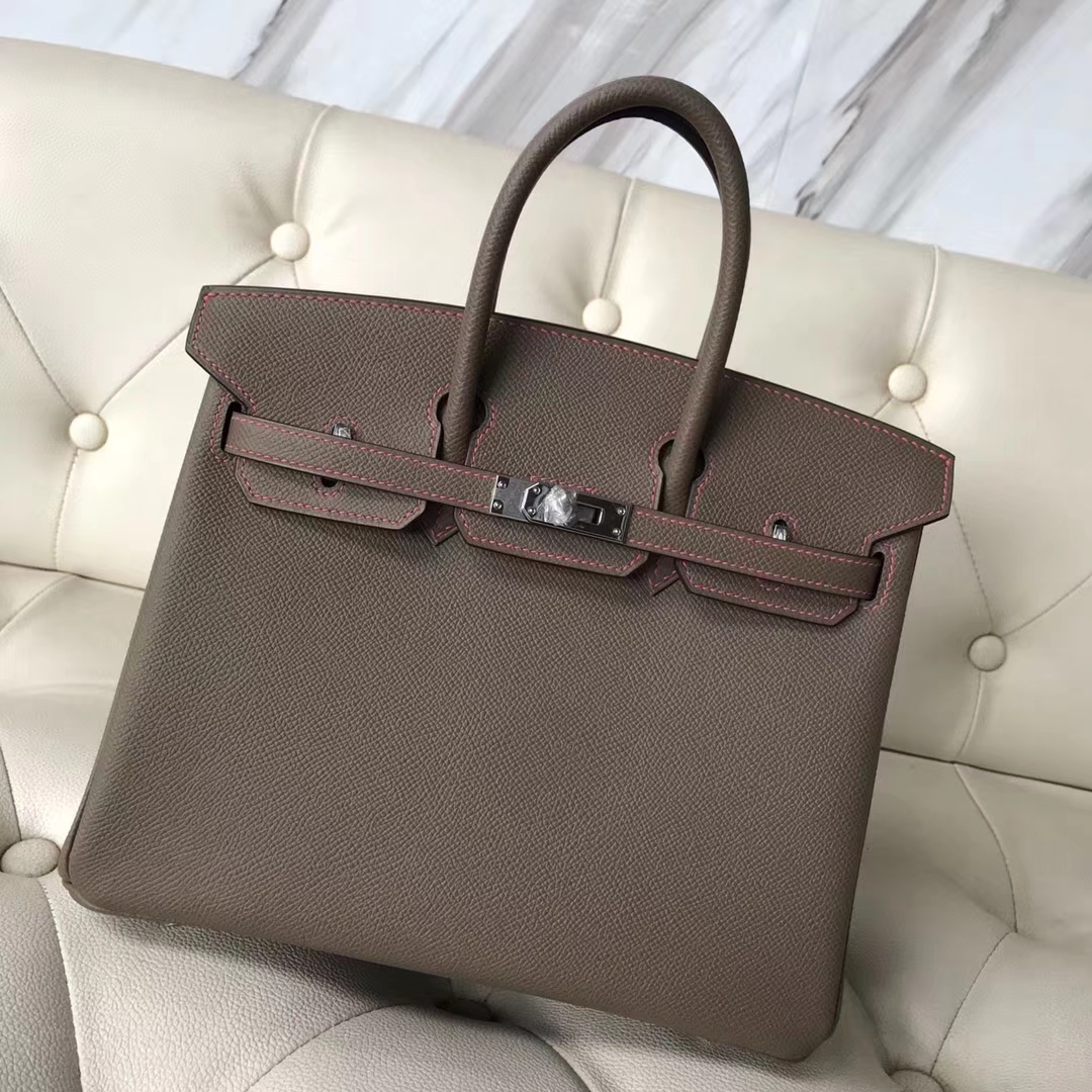 New Hermes CK18 Etoupe Grey Epsom Calf Birkin25CM Bag Rose Lipstick Stitches