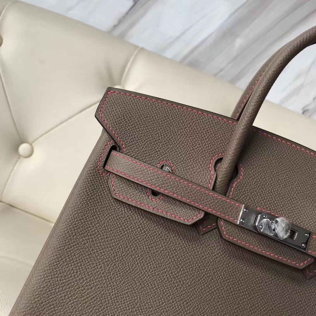 New Hermes CK18 Etoupe Grey Epsom Calf Birkin25CM Bag Rose Lipstick Stitches