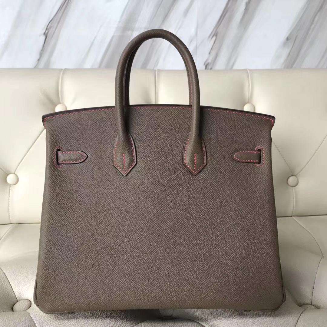 New Hermes CK18 Etoupe Grey Epsom Calf Birkin25CM Bag Rose Lipstick Stitches