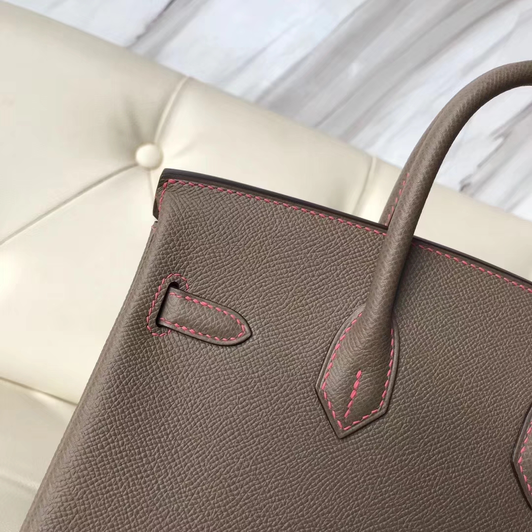 New Hermes CK18 Etoupe Grey Epsom Calf Birkin25CM Bag Rose Lipstick Stitches