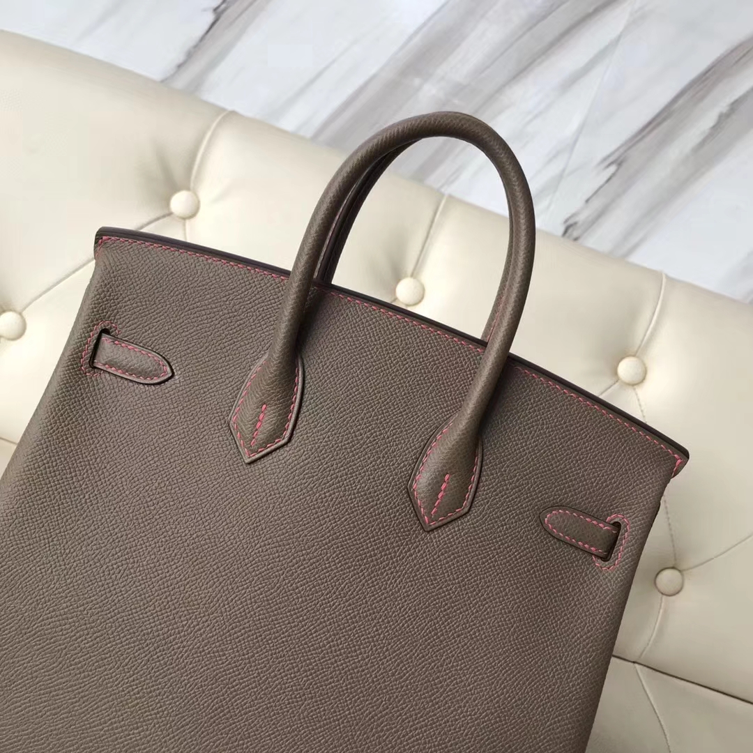 New Hermes CK18 Etoupe Grey Epsom Calf Birkin25CM Bag Rose Lipstick Stitches