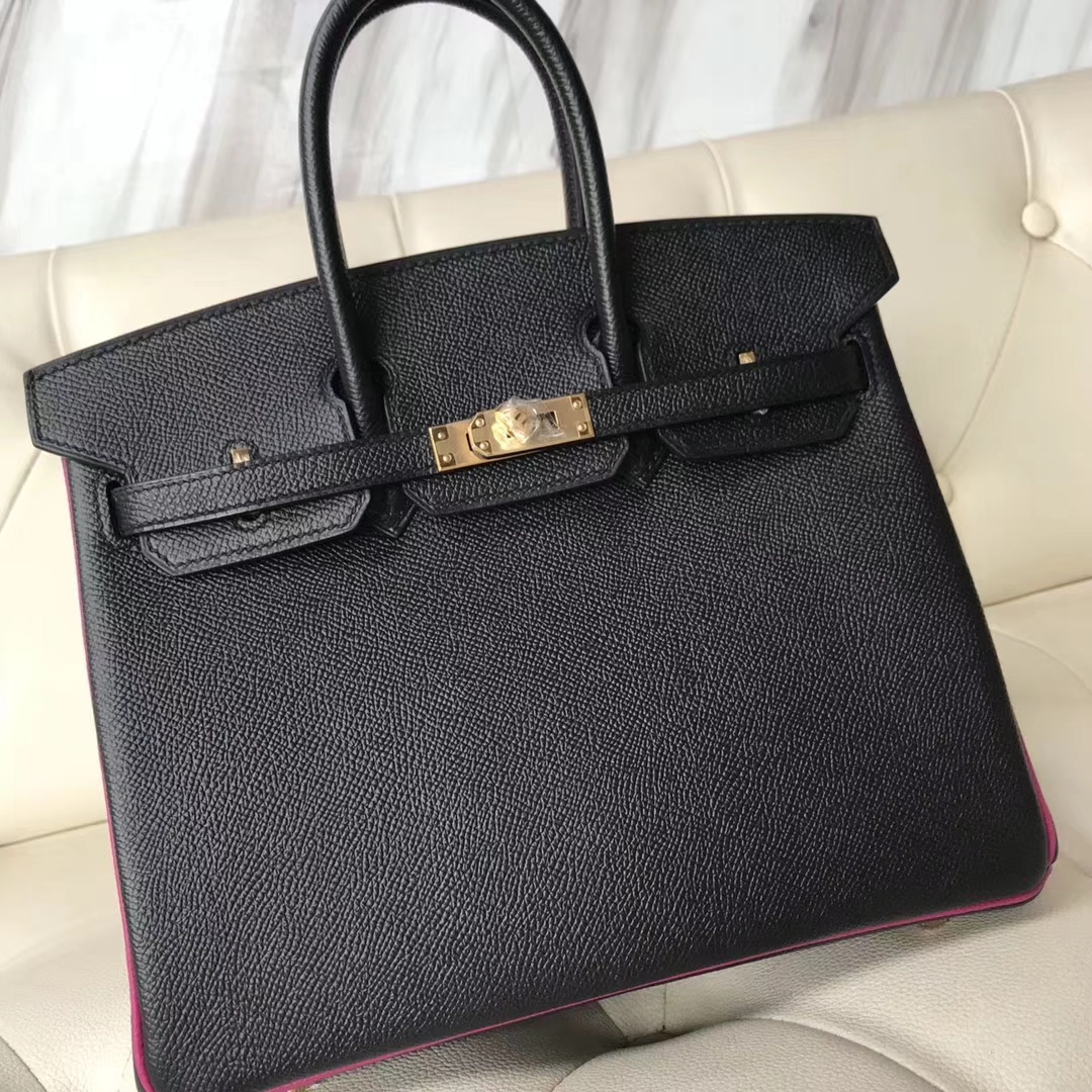 Fashion Hermes CK89 Black & L3 Rose Purple Epsom Calf Birkin25CM Bag Gold Hardware