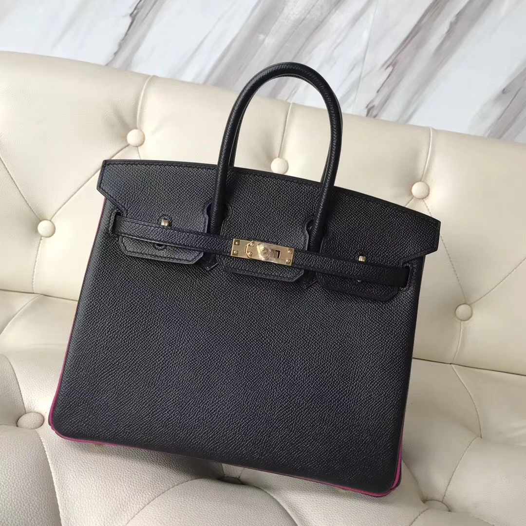 Fashion Hermes CK89 Black & L3 Rose Purple Epsom Calf Birkin25CM Bag Gold Hardware