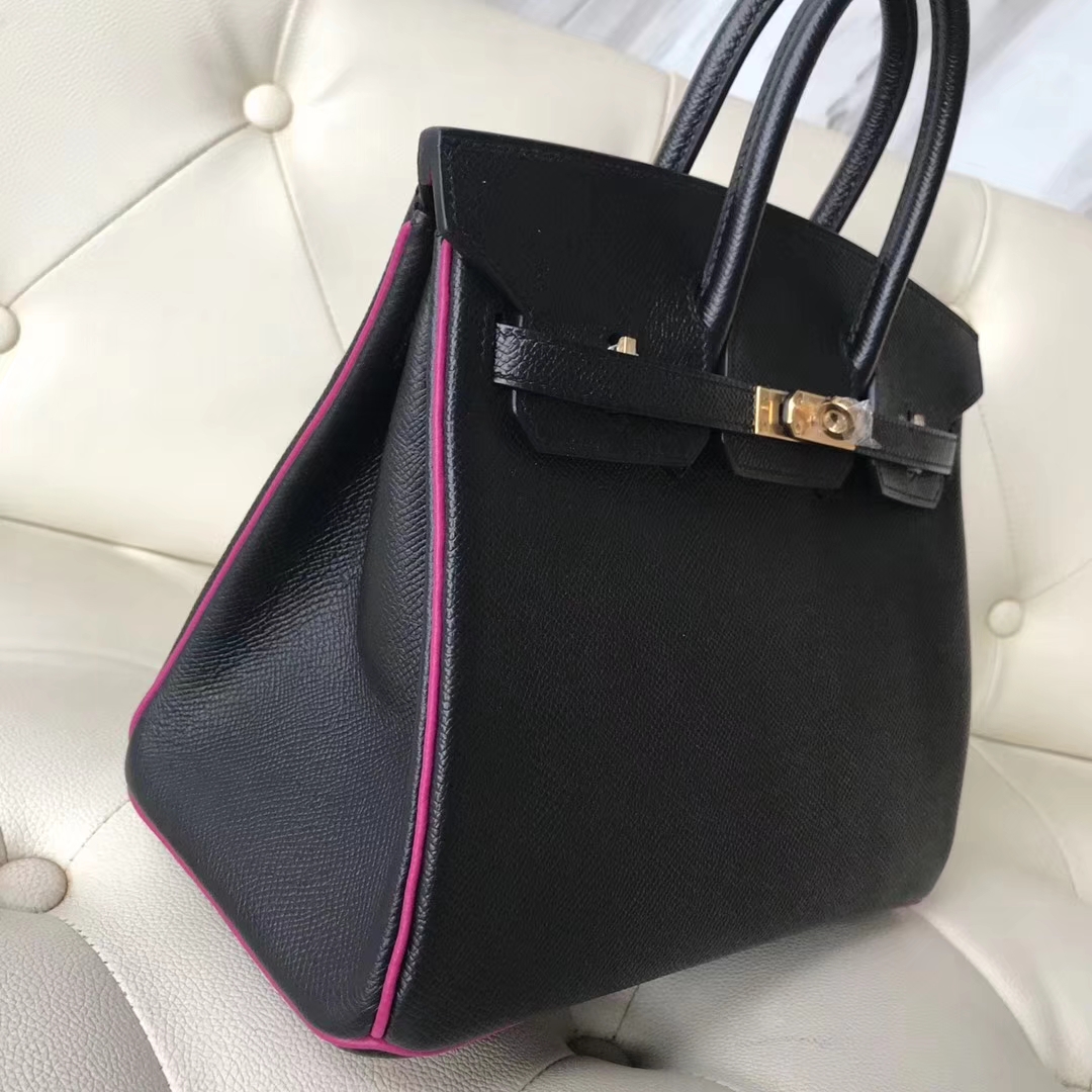 Fashion Hermes CK89 Black & L3 Rose Purple Epsom Calf Birkin25CM Bag Gold Hardware