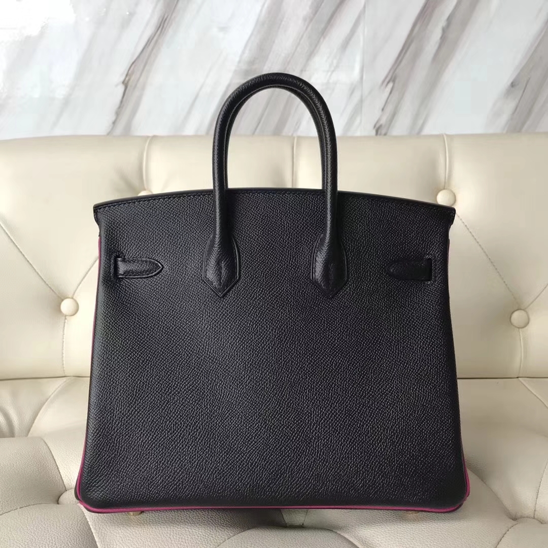 Fashion Hermes CK89 Black & L3 Rose Purple Epsom Calf Birkin25CM Bag Gold Hardware