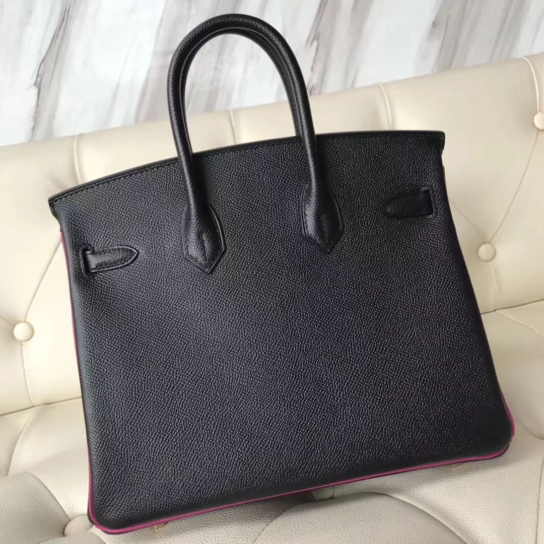 Fashion Hermes CK89 Black & L3 Rose Purple Epsom Calf Birkin25CM Bag Gold Hardware