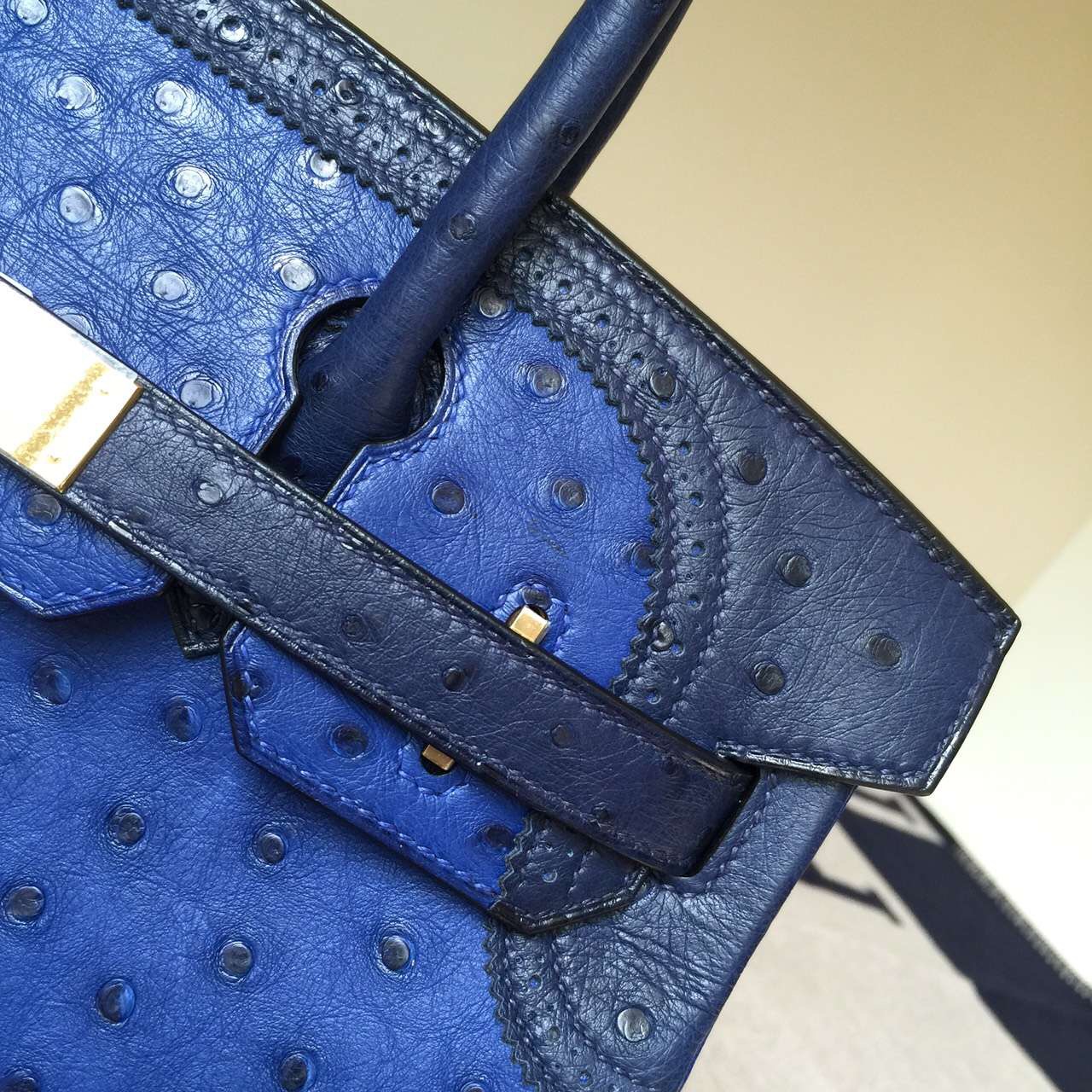 New Hermes Ghillies Birkin Bag 30cm 7T Blue Electric/73 Dark Blue Ostrich Leather