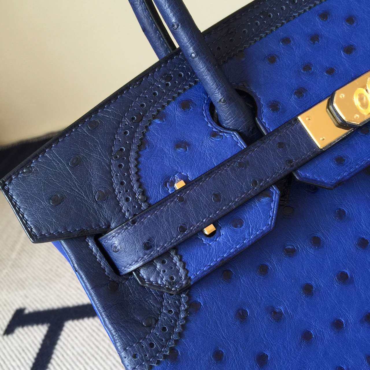 New Hermes Ghillies Birkin Bag 30cm 7T Blue Electric/73 Dark Blue Ostrich Leather