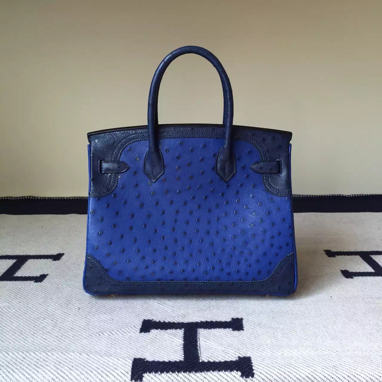 New Hermes Ghillies Birkin Bag 30cm 7T Blue Electric/73 Dark Blue Ostrich Leather