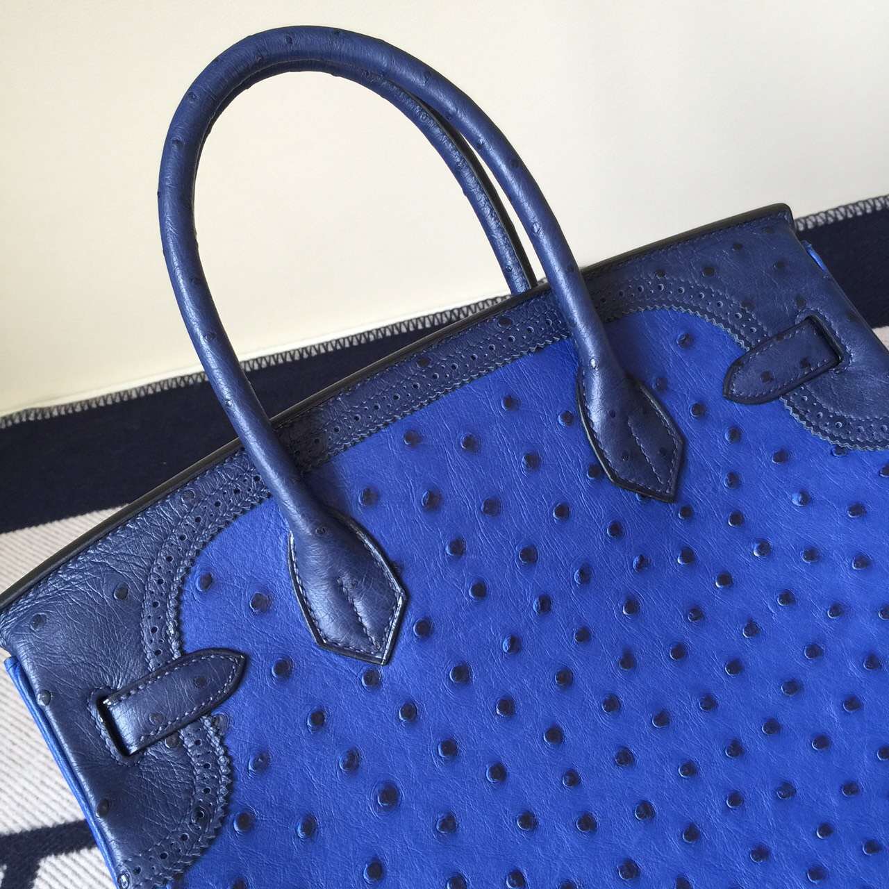 New Hermes Ghillies Birkin Bag 30cm 7T Blue Electric/73 Dark Blue Ostrich Leather