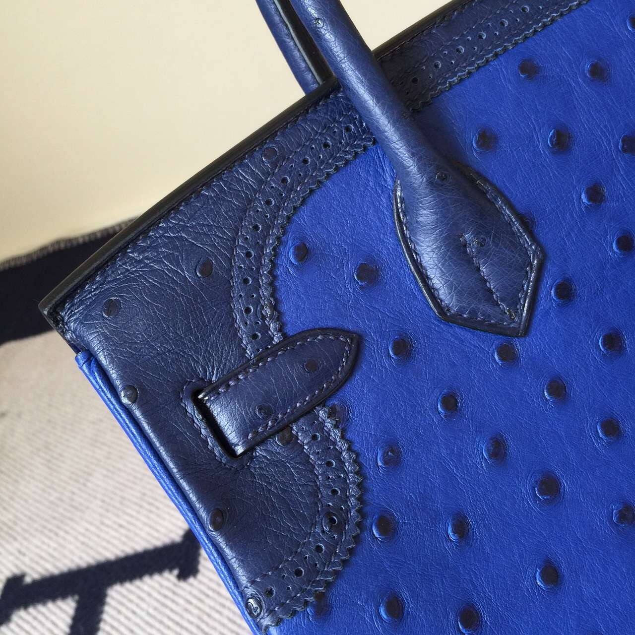 New Hermes Ghillies Birkin Bag 30cm 7T Blue Electric/73 Dark Blue Ostrich Leather