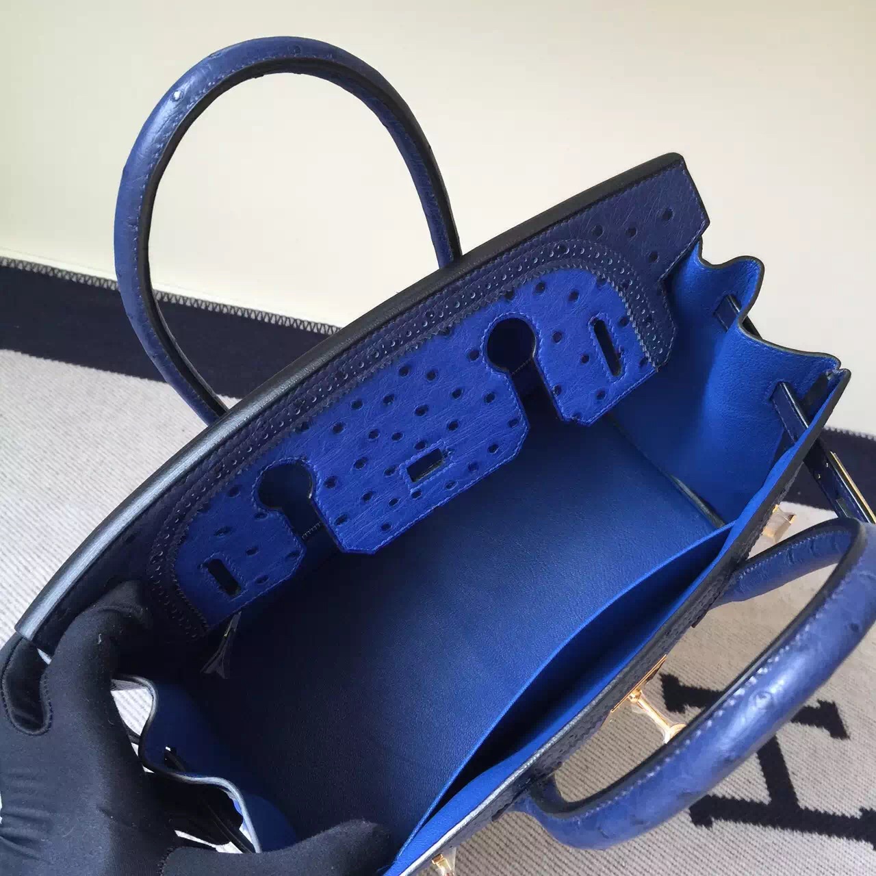 New Hermes Ghillies Birkin Bag 30cm 7T Blue Electric/73 Dark Blue Ostrich Leather