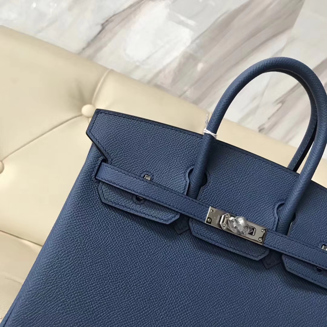 Fashion Hermes Epsom Calf Leather Birkin25CM Bag in 7E Haze Blue Silver Hardware