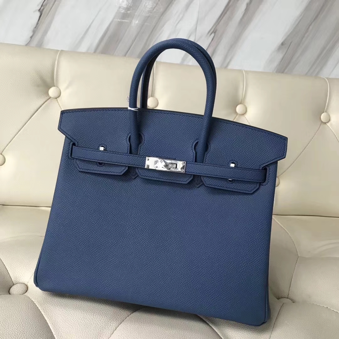 Fashion Hermes Epsom Calf Leather Birkin25CM Bag in 7E Haze Blue Silver Hardware
