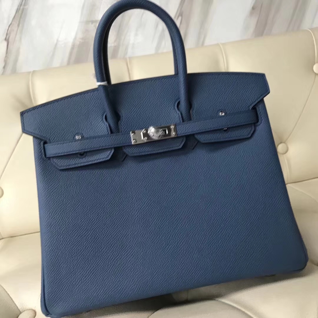 Fashion Hermes Epsom Calf Leather Birkin25CM Bag in 7E Haze Blue Silver Hardware