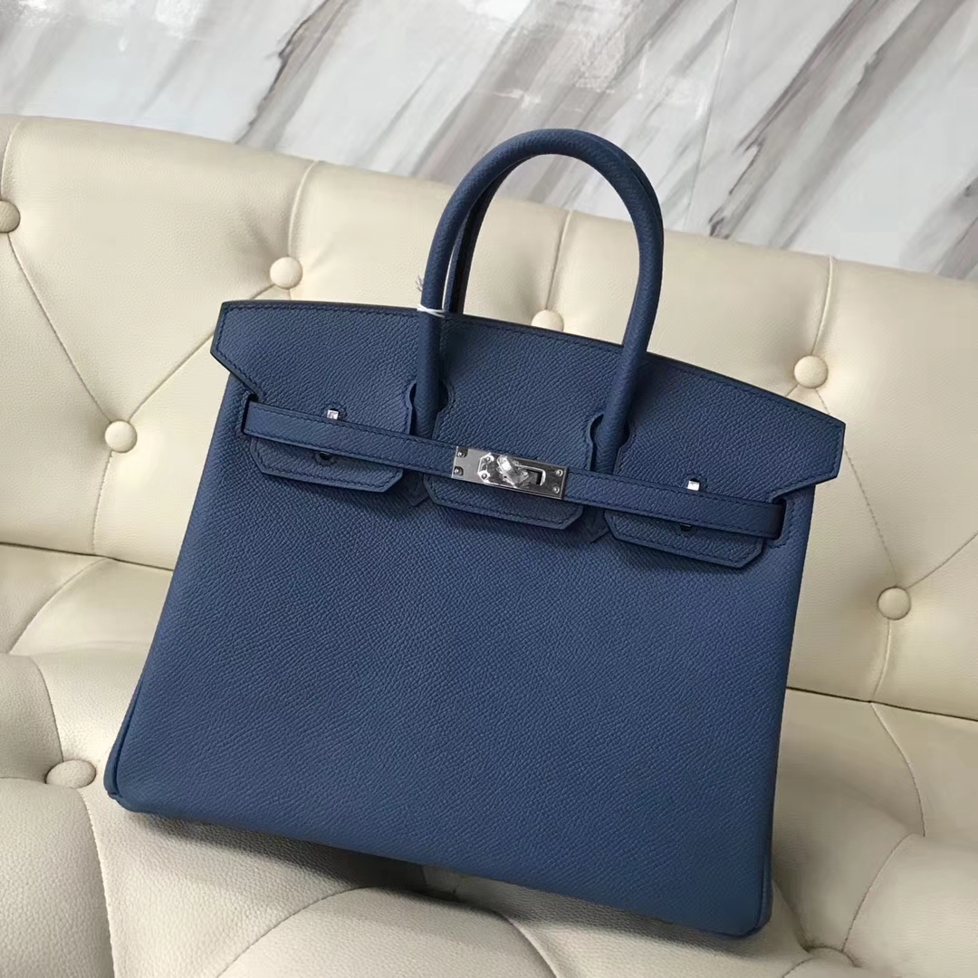 Fashion Hermes Epsom Calf Leather Birkin25CM Bag in 7E Haze Blue Silver Hardware
